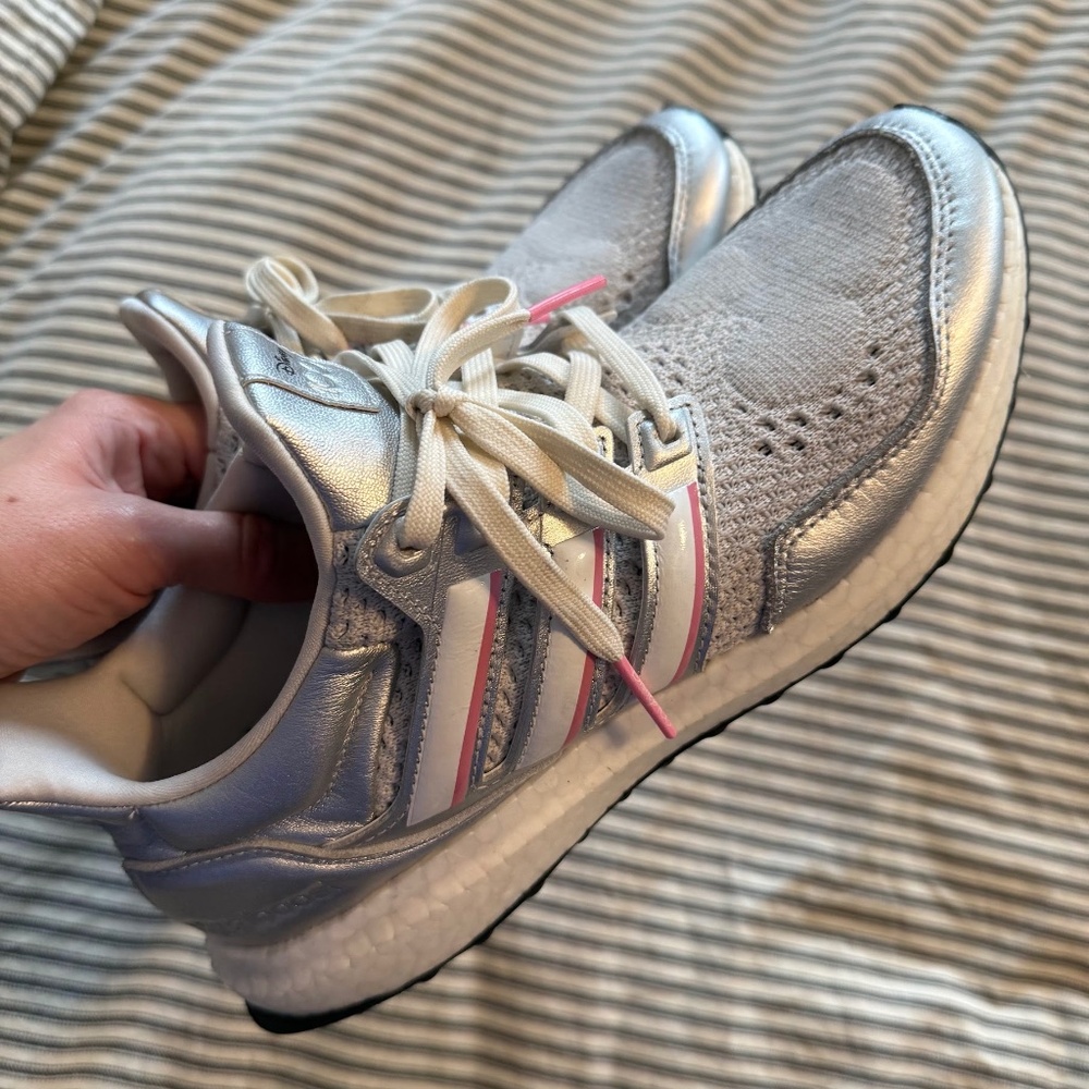 adidas Metallic Silver & White Sneakers with Pink Stripe